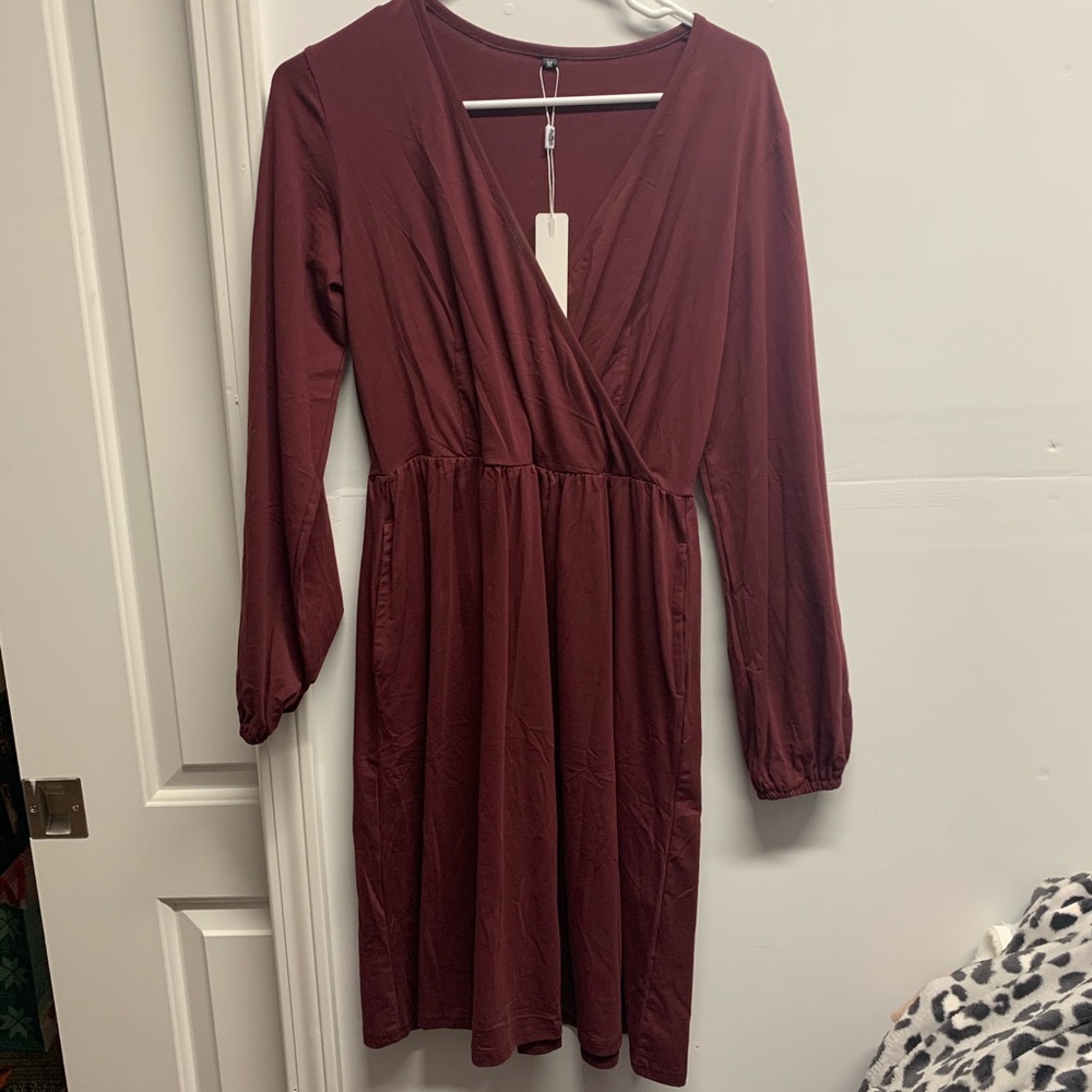 Women's V Neck Long Puff Sleeve Casual Swing Dress